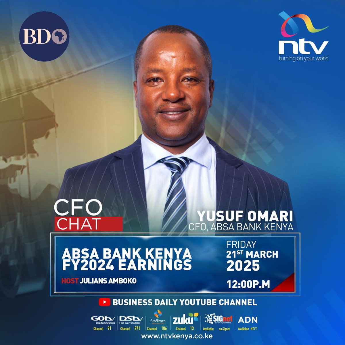 ntvkenya's tweet photo. Starting noon (1200hrs) on @BD_Africa 's Youtube Channel, #CFOChat on @AbsaKenya 's FY2024 earnings with Yusuf Omari. https://t.co/IsbOWXKzCG