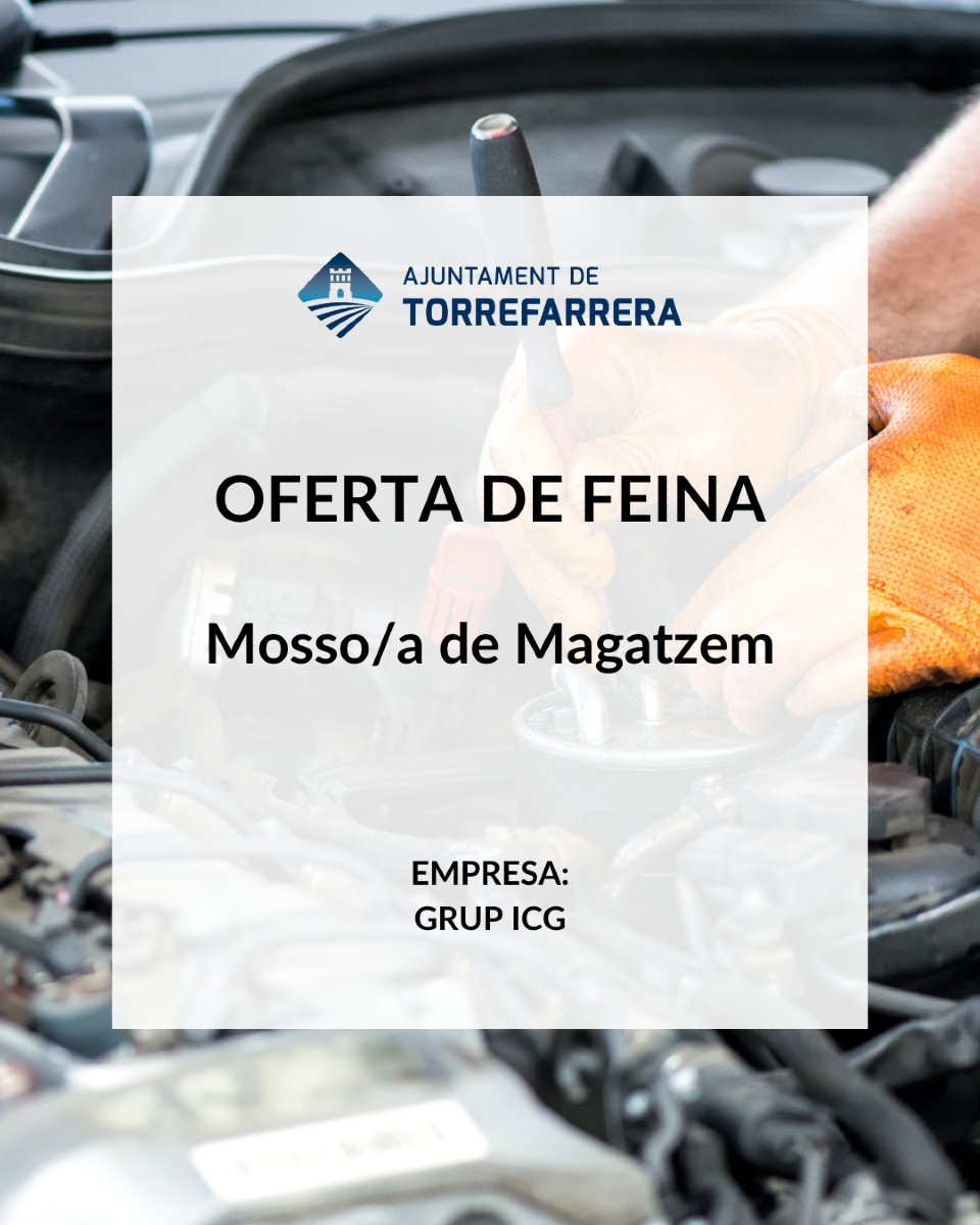 📣 OFERTA DE FEINA!

📦 Mosso/a de magatzem
🏠 GRUP ICG
🏙️ Torrefarrera
✔️ Disponibilitat immediata
🕐 Jornada laboral: Reduïda
📧 rrhh@icg.es (Ariadna)
☎️ 683 357 570
🔗 treball.torrefarrera.cat/ViewJobVacancy…

#torrefarrera #ofertalaboral