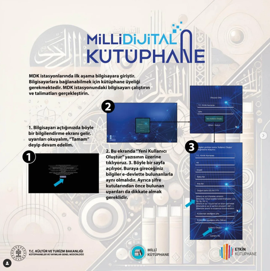 Millî Dijital Kütüphane (MDK); Millî Kütüphane koleksiyonundan seçilmiş ve dijital ortamda hizmete sunulan eserlere, ülkemiz genelinde belirlenen Halk Kütüphanelerinde konumlandırılmış MDK Erişim İstasyonları üzerinden kullanıcıların erişebileceği bir sistem.