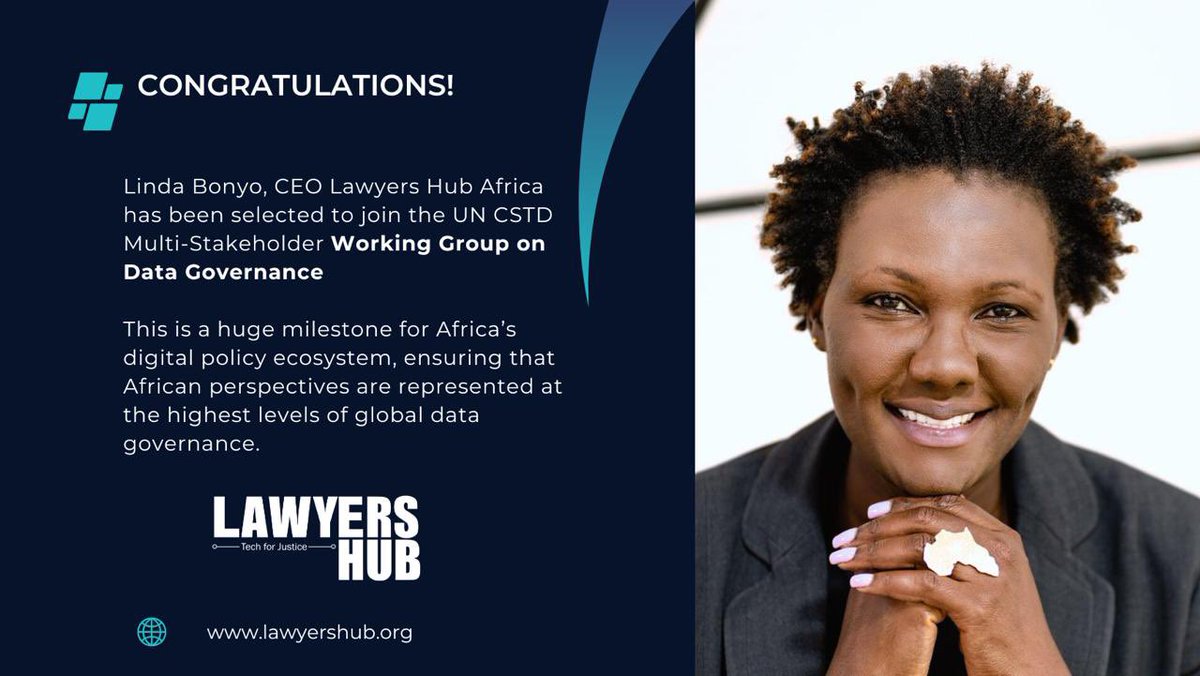 Lawyers Hub (@lawyershubhq) on Twitter photo 📢 Big News!
Our CEO, <a href="/BonyoLinda/">Bonyo Linda</a> has been selected to join the UN CSTD Multi-Stakeholder Working Group on Data Governance!
A major win for Africa’s voice in digital governance and a step forward for inclusive data policy globally! 🎉
unctad.org/topic/commissi…
#LawyersHub 📢 Big News!
Our CEO, <a href="/BonyoLinda/">Bonyo Linda</a> has been selected to join the UN CSTD Multi-Stakeholder Working Group on Data Governance!
A major win for Africa’s voice in digital governance and a step forward for inclusive data policy globally! 🎉
unctad.org/topic/commissi…
#LawyersHub