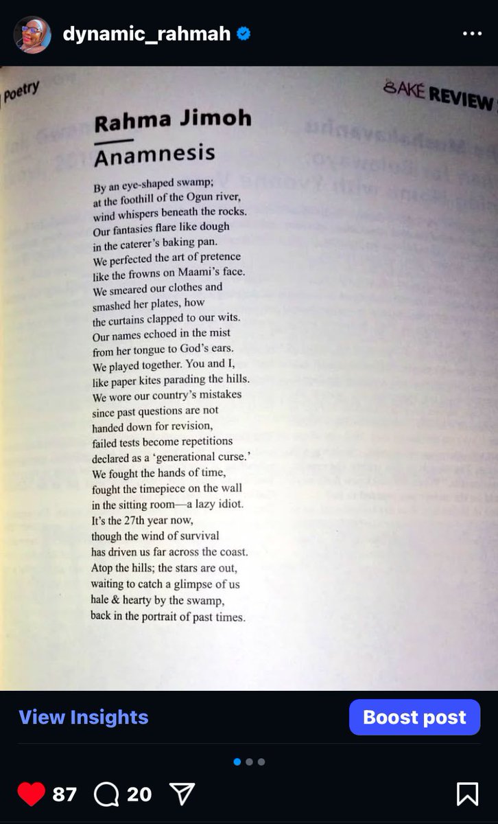 Rahma Jimoh (@dynamicrahma) on Twitter photo Sharing this poem published two years ago on Ake Review, <a href="/akefestival/">AkeArts&BookFestival</a> today.
Thanks to <a href="/lolashoneyin/">Lọlá Shónẹ́yìn</a>❤️🙌. Sharing this poem published two years ago on Ake Review, <a href="/akefestival/">AkeArts&BookFestival</a> today.
Thanks to <a href="/lolashoneyin/">Lọlá Shónẹ́yìn</a>❤️🙌.