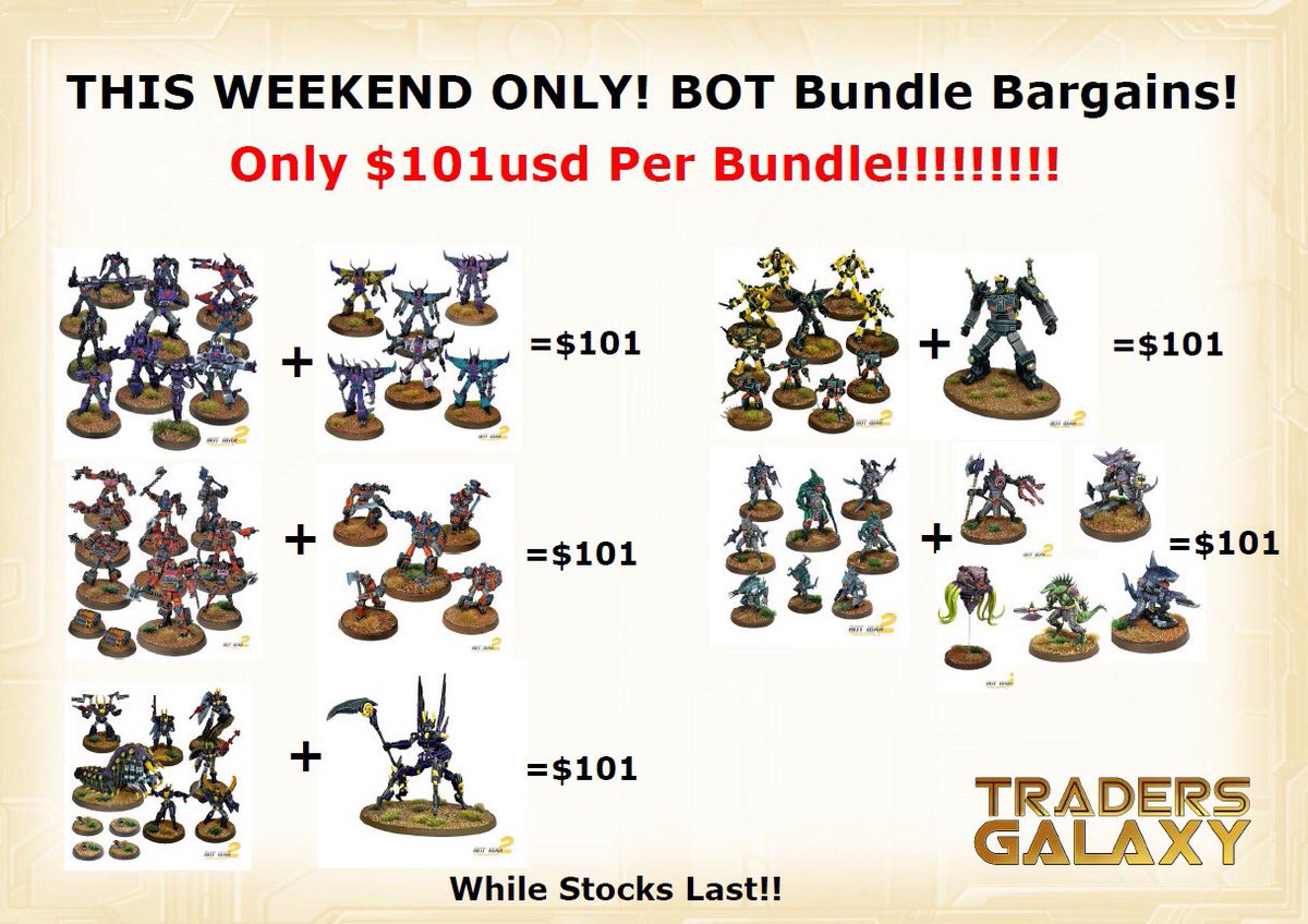 TGMiniatures's tweet photo. I have put together a ridiculously good set of bundles for THIS WEEKEND ONLY!
Its an amazing opportunity for you to get a new BotWar army for less. https://t.co/xrqwnjCpJT