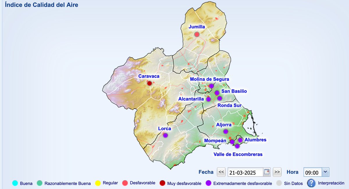 murcia_lab's tweet photo. Amanecemos con calidad de aire Extremadamente desfavorable. Esta vez sí es por una intrusión de polvo sahariano (afecta a todas las estaciones), la cuál fue anunciada ayer por @AmbientalRM. 
¿Por qué @AytoMurcia no está cumpliendo sus obligaciones e informa a la población? https://t.co/7iQn2bbdBG