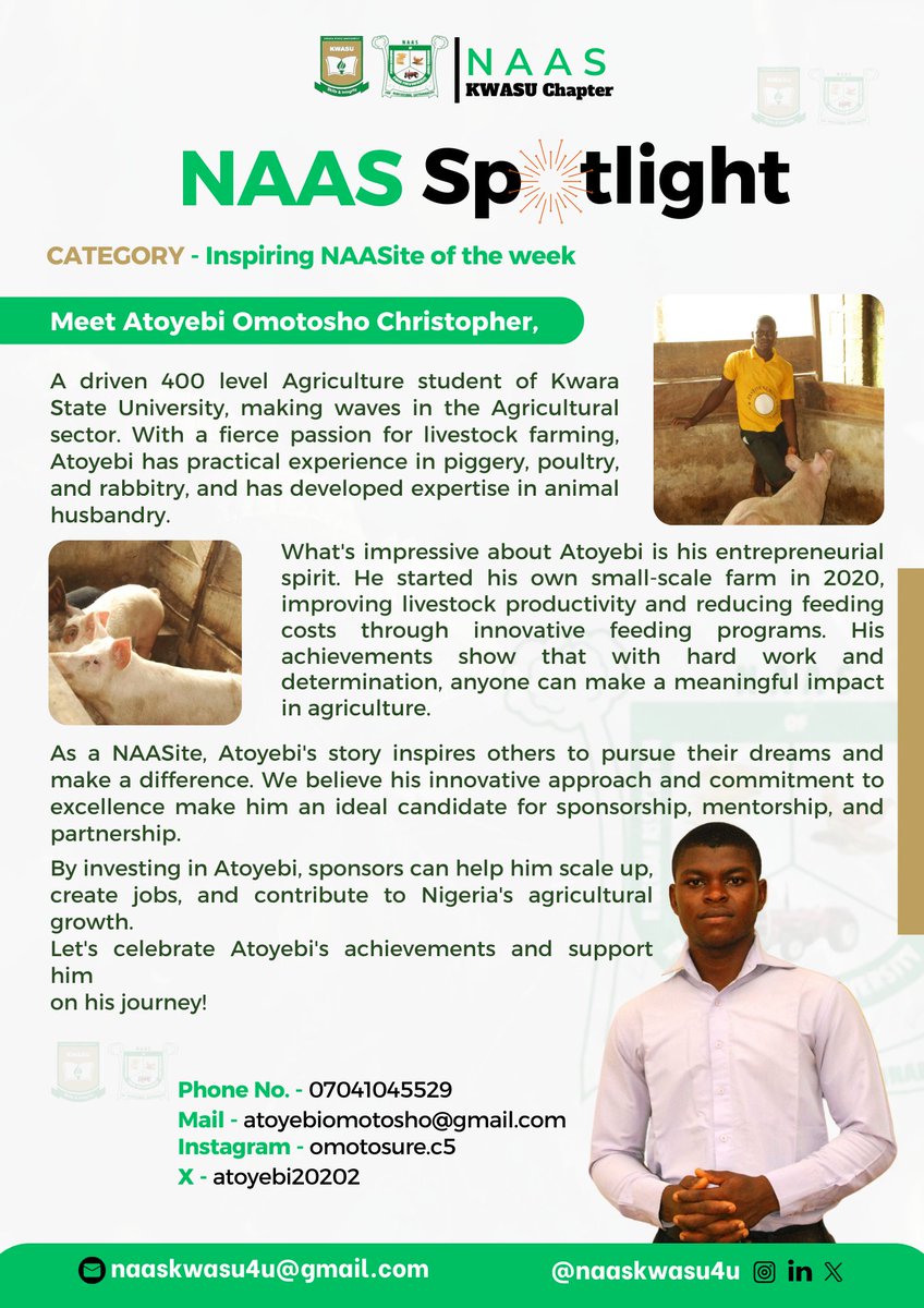 Meet Atoyebi Omotosho Christopher, a 400-level student of Agriculture in Kwara State University.

Atoyebi's passion for agriculture is inspiring! He started his own small-scale farm in 2020 to increase food production and contribute to food security.