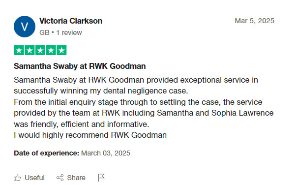 DentalNegTeam's tweet photo. We are so pleased that Victoria was happy with our friendly and efficient service and has awarded us 5⭐️'s. Well done @SamRWKGoodman and Sophia Lawrence for your hard work and settlement of this dental negligence claim! https://t.co/i5gsLpLYNM