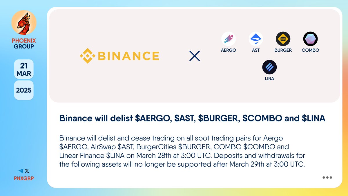 🔥 @Binance will delist $AERGO, $AST, $BURGER, $COMBO and $LINA Binance  will delist and cease trading on all spot trading pairs for @aergo_io  $AERGO, @airswap $AST, @BurgerCitiesBar $BURGER, @combonetworkio $COMBO and  @LinearFinance $