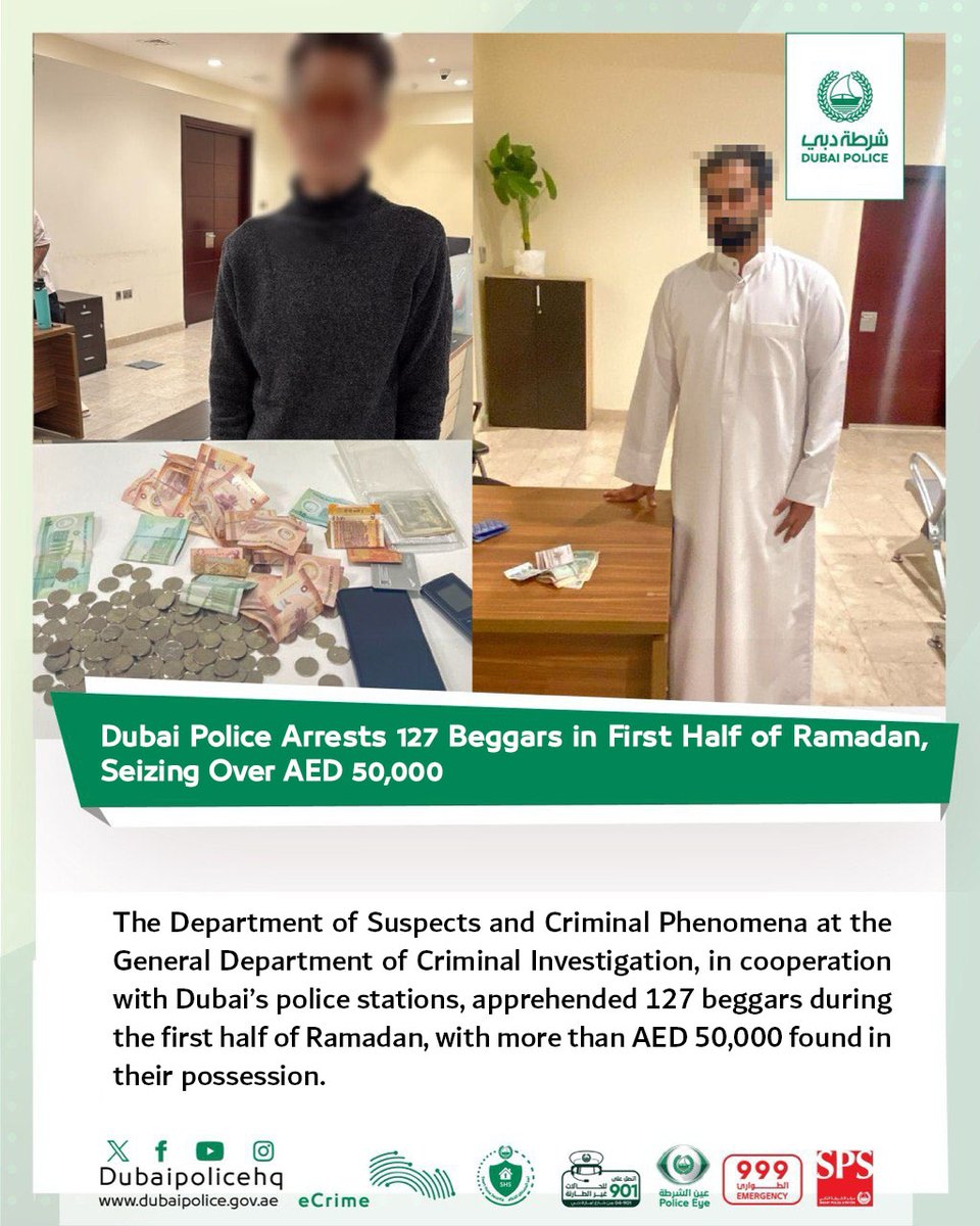 DubaiPoliceHQ's tweet photo. #News | Dubai Police Arrests 127 Beggars in First Half of Ramadan, Seizing Over AED 50,000
Details:
https://t.co/4qQRJ29o7C
#YourSecurityOurHappiness
#SmartSecureTogether https://t.co/ElFjLrPMRg