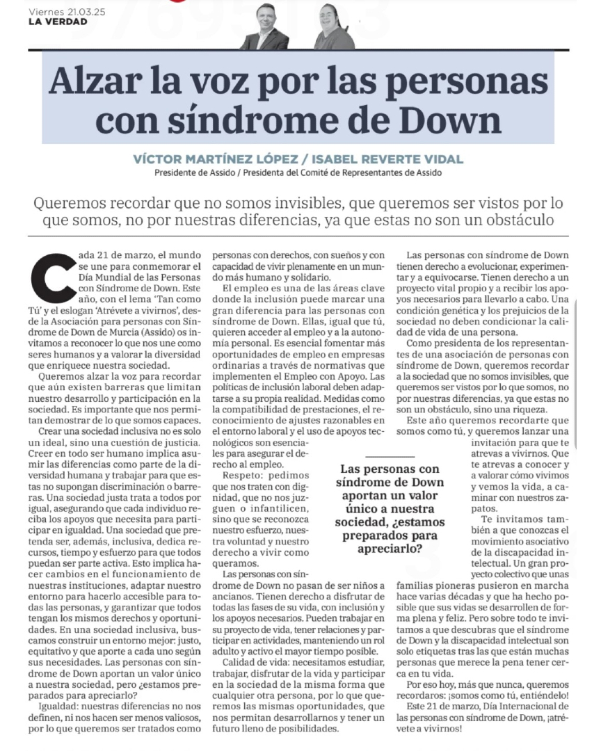 ASSIDOMURCIA's tweet image. ASSIDO en prensa 🗞️

Alzar la voz por las personas con síndrome de Down
@laverdad_es 

Artículo de Opinión firmado por Víctor Martínez e Isabel Reverte

21M - Día Internacional de las Personas con Sindrome de Down
#AtréveteAVivirnos!!! 
#TanComoTú