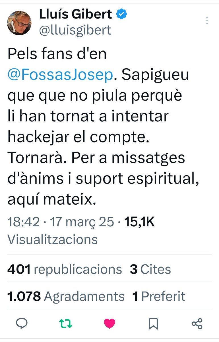 vagadefam's tweet photo. El company Josep Rosell, advocat que amb Lluís Gibert està al capdavant d'Acció Cassandra, ja fa 6 dies que té blocat X. Aniria bé que tots els qui trobam a faltar les seves piulades valentes, desacomplexaxades i lúcides féssim retuits amb missatges de suport i de solidaritat.
Endavant les atxes!