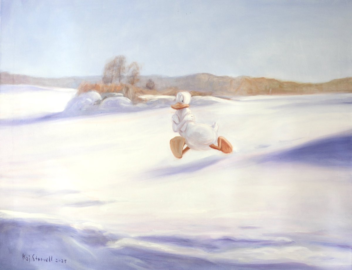 ” Spring is Coming ”, 2025, oil on canvas, 70 x 90 cm. #art #oilpainting #ukraina #slavaukraini #stopputin #spring #snow #seasons #duck #disney #popart #contemporaryart #figurativeart #ArtistsOnTwitter #artistsonx #winter #kajstenvall