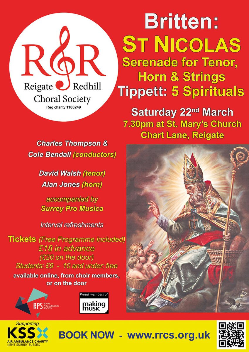 Saturday 22 March:
Britten: St Nicolas; Serenade for Tenor, Horn &amp; Strings;
Five Spirituals from Tippett's 'Child of our Time'.
7.30pm at St. Mary's Church, Reigate (RH2 7RN)
Book on TicketSource (Booking fee applies)  ticketsource.co.uk/rrcs/t-gakojxg
Tickets also available on the door.