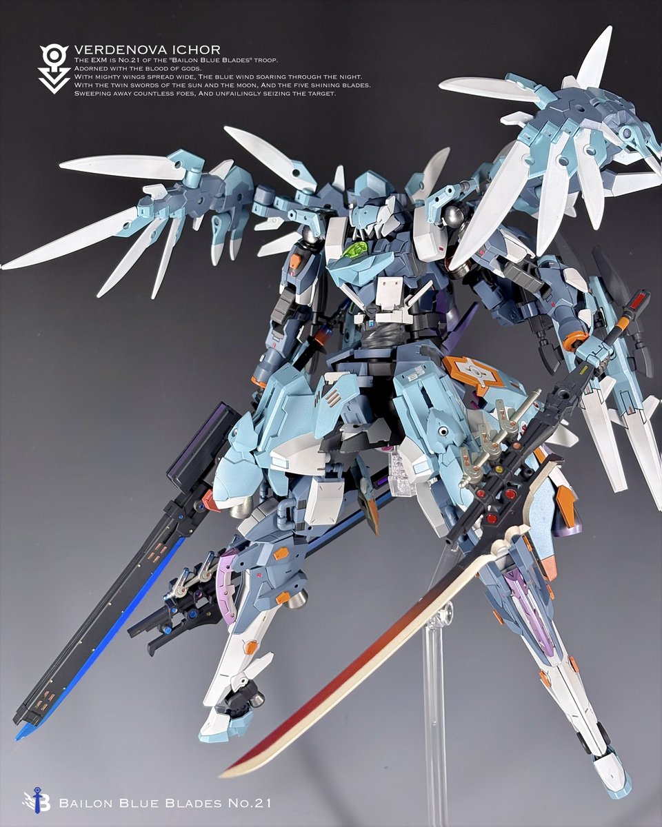 su_pleasure's tweet image. ヴェルデノヴァ イコル
B3部隊所属21番機
ヴェルデノヴァをコアに単独突貫機へ特化させた蒼きEXM
音速の翼で夜を翔け抜け
太陽と月の双剣、5つの輝く刃を以って阻む全てを薙ぎ払い
ターゲットへ窮追する
#30MM夜間都市戦
#30MMバイロン軍