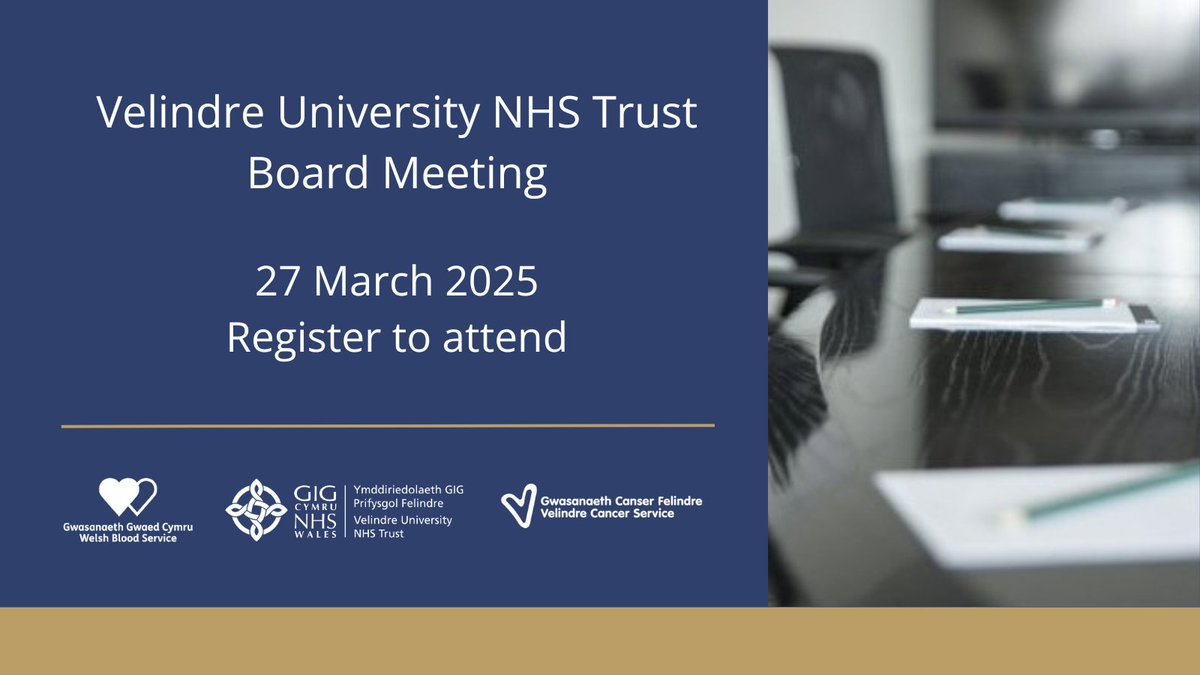 Velindre University NHS Trust (@velindretrust) on Twitter photo The <a href="/VelindreTrust/">Velindre University NHS Trust</a> Board Meeting will take place on 27 March 2025.
Visit our website for registration details: ⬇️
🔗 velindre.nhs.wales/about-us/trust… The <a href="/VelindreTrust/">Velindre University NHS Trust</a> Board Meeting will take place on 27 March 2025.
Visit our website for registration details: ⬇️
🔗 velindre.nhs.wales/about-us/trust…