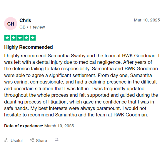 DentalNegTeam's tweet image. Well done @SamRWKGoodman for your hard work on this dental negligence claim. It is brilliant to hear that Chris felt at ease during a difficult time and could find confidence again in our safe hands to achieve compensation