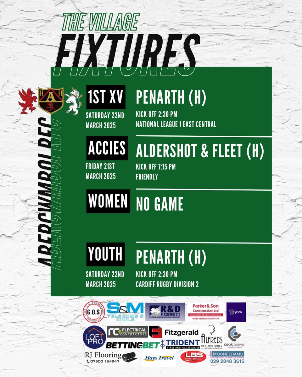 𝙁𝙄𝙓𝙏𝙐𝙍𝙀𝙎 
 
A packed weekend  of rugby coming up

Accies welcome a touring Aldershot &amp; Fleet Friday night under the lights

Followed by a double header Saturday with our 1st XV and youth taking on Penarth at the welfare

Come down and support the boys

#TheVillage #OYMC🙌🏼