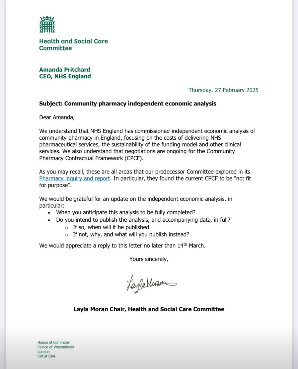 Dear <a href="/LaylaMoran/">Layla Moran 🔶🕊️</a> &amp; <a href="/CommonsHealth/">Health and Social Care Committee</a> Committee, thank you for making an enquiry last month to NHSE about the Independent Economic Review into community #pharmacy finances &amp;asking them to respond by 14 March. Our sector is keen to understand why NHSE are still withholding this report