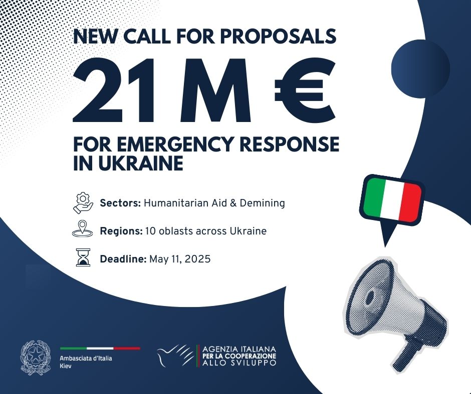 Aics_Kiev's tweet photo. 🚨 NEW CALL FOR PROPOSALS 🚨
AICS launches a €21M initiative to support vulnerable communities in 🇺🇦 regions most affected by the conflict.

📅 Deadline: 11 May 2025

Details: https://t.co/emMyJ0OBoQ

🔗https://t.co/emMyJ0OBoQ

@italyinukr @aics_it https://t.co/jtz3xt0cfc
