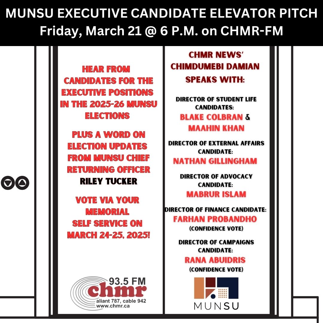CHMR News Department (@chmrnews) on Twitter photo CHMR News put out a call to all executive candidates in the 2025-26 <a href="/MUNSU35/">MUNSU</a> elections. Tune in THIS EVENING at 6 P.M. to hear from 6 + MUNSU election Chief returning officer Riley Tucker with some updates! Don't forget to VOTE on March 24 and 25! <a href="/MemorialU/">Memorial University</a> <a href="/MemorialResLife/">Memorial University Res Life</a> CHMR News put out a call to all executive candidates in the 2025-26 <a href="/MUNSU35/">MUNSU</a> elections. Tune in THIS EVENING at 6 P.M. to hear from 6 + MUNSU election Chief returning officer Riley Tucker with some updates! Don't forget to VOTE on March 24 and 25! <a href="/MemorialU/">Memorial University</a> <a href="/MemorialResLife/">Memorial University Res Life</a>