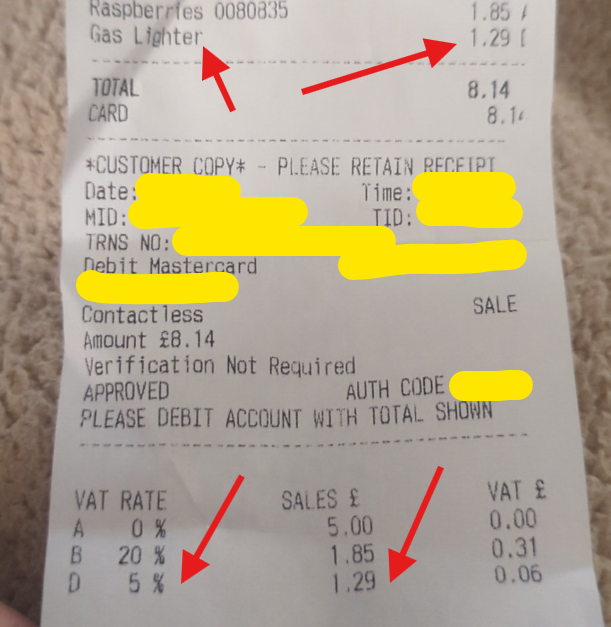 BeekyHD's tweet photo. @LidlGB Noticed on a receipt that we were charged 5% VAT on a gas lighter. But if matches are standard rated for #VAT, surely lighters would be, too? 

@HMRCgovuk reference here: https://t.co/AR4ap8s8KQ https://t.co/6sqWDPWzAJ