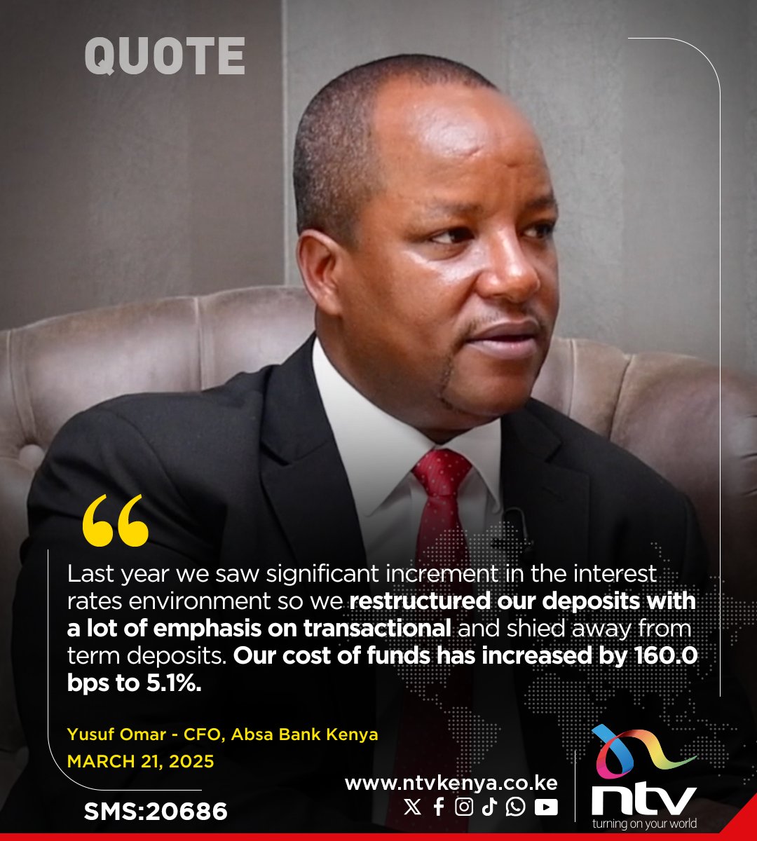ntvkenya's tweet photo. Last year we saw significant increment in the interest rates environment so most of the banks, if not all, will show an increase in interest expense: Yusuf Omari, CFO - Absa Bank Kenya

WATCH #CFOChat on @AbsaKenya 's FY2024 earnings here: https://t.co/FgEqVgEtfP https://t.co/IUZ4tavjBF