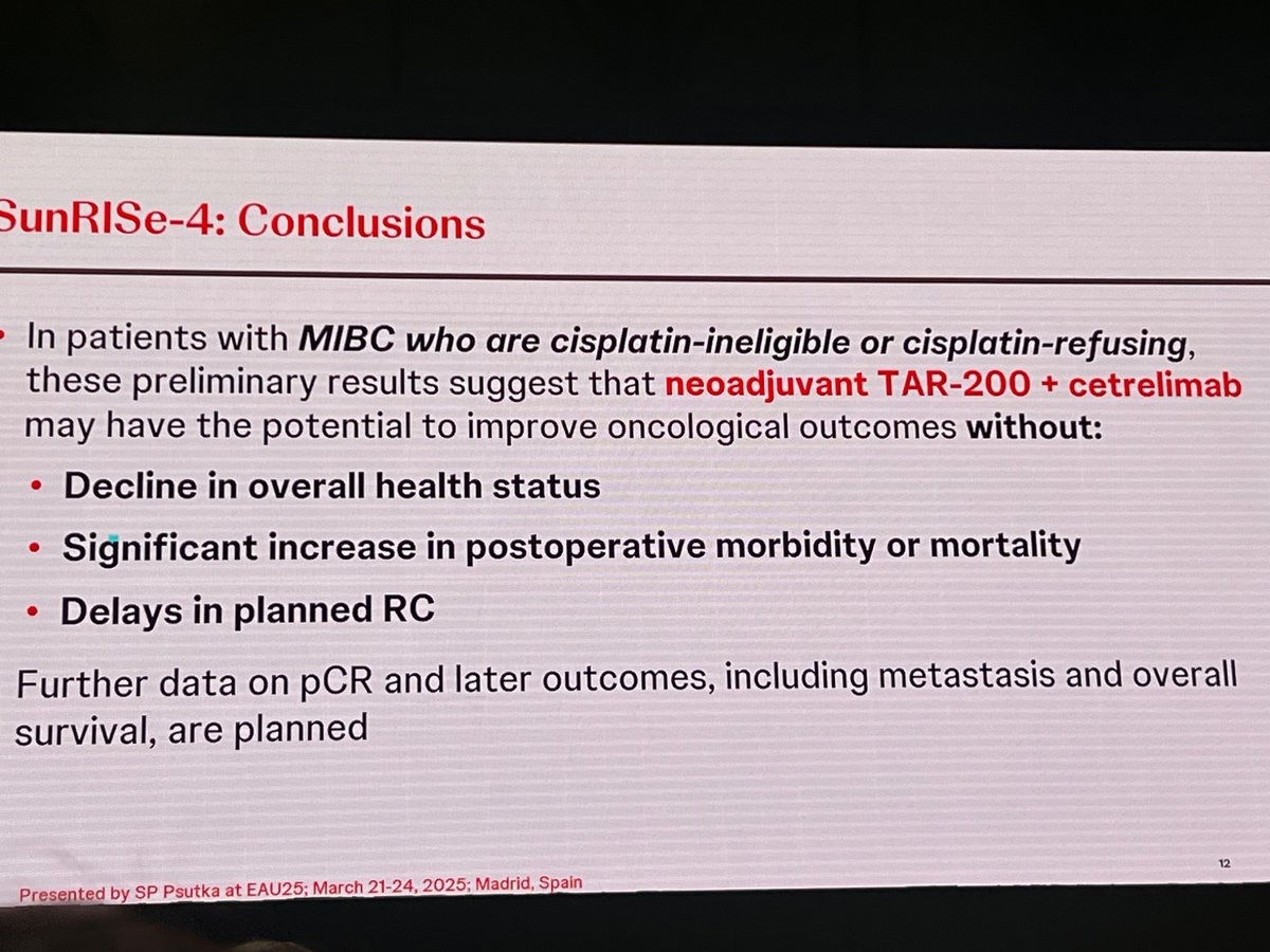 Shilpa Gupta (@shilpaonc) on Twitter photo #EAU25 The amazing <a href="/spsutkaMD/">Sarah P. Psutka MD MS</a> presents the safety results from #SunRise-4 TAR200+ cetrilimab vs cetrilimab
No significant decline in ECOG PS, BMI, albumin, hgb
Overall no delays to RC
Median time to RC 13.5 weeks
30-90 day mortality ~ historical data
Excellent discussion by #EAU25 The amazing <a href="/spsutkaMD/">Sarah P. Psutka MD MS</a> presents the safety results from #SunRise-4 TAR200+ cetrilimab vs cetrilimab
No significant decline in ECOG PS, BMI, albumin, hgb
Overall no delays to RC
Median time to RC 13.5 weeks
30-90 day mortality ~ historical data
Excellent discussion by