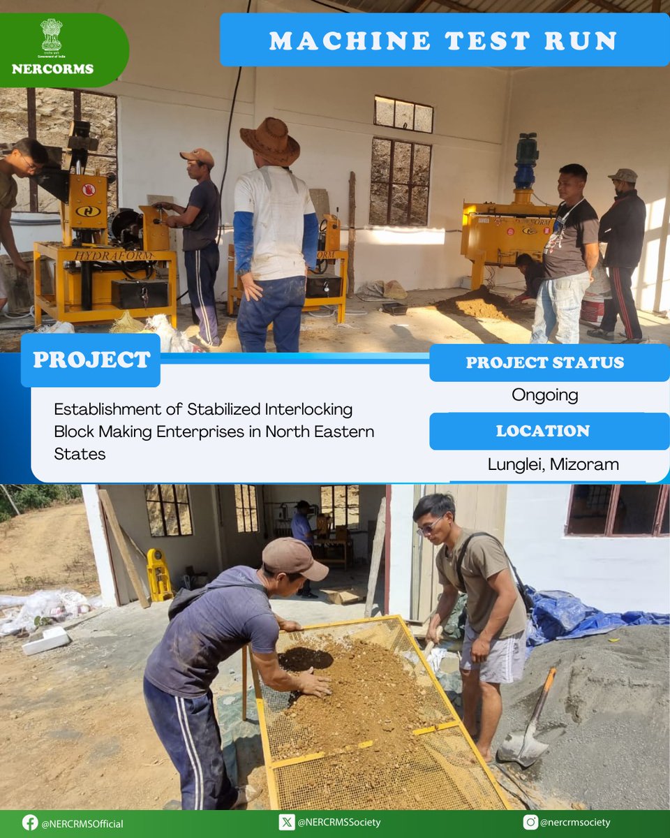 NERCRMSociety's tweet photo. Advancing green construction in Lunglei, Mizoram! Successful test run of machines producing Stabilized Interlocking Blocks, promoting sustainable infrastructure in Northeast India. #SustainableInfrastructure #InterlockingBlocks #NERCORMS https://t.co/kmwic12UW7