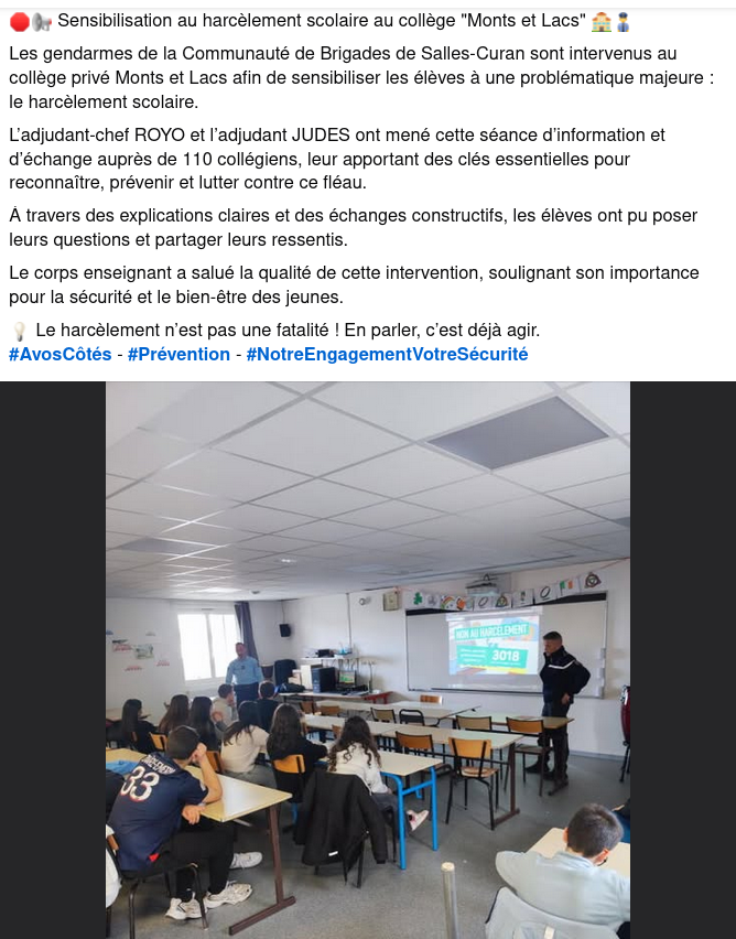 Sensibilisation au harcèlement scolaire par les 👮‍♂️👮‍♀️ de la COB Salles-Curan.

1⃣1⃣0⃣ 🧑‍🎓👨‍🎓 sensibilisés. 

Action saluée par les élèves et le corps enseignant.
#NotreEngagementVotreSécurité, #prevention
