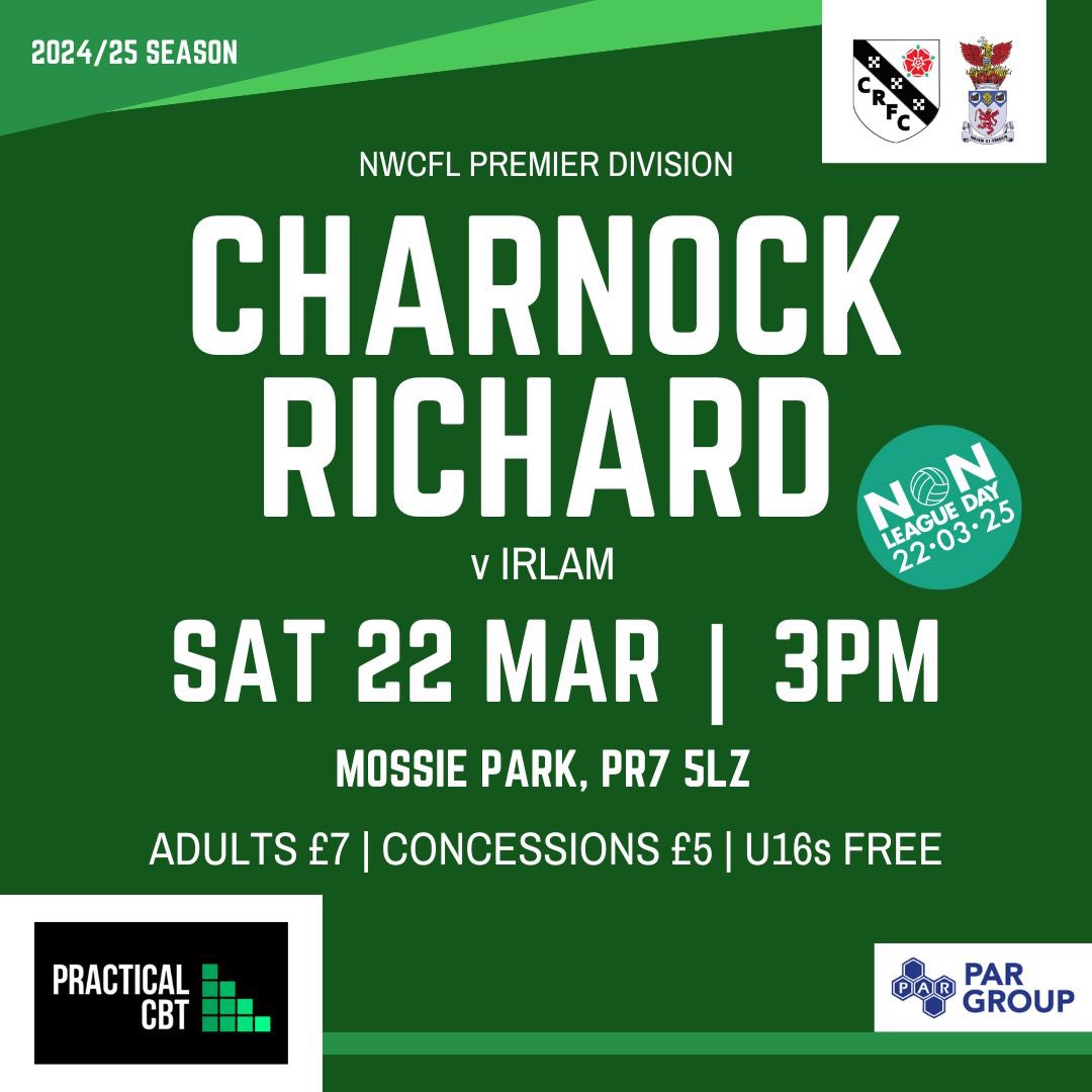 CharnockFC's tweet image. Celebrating @nonleaguedayuk in the NWCFL 💚

🆚 @IrlamFC
📍 Mossie Park, PR7 5LZ
⏰ 3pm
🎟️ Adults £7 | Concs £5 | U16s free
🍻 Clubhouse open
📖 Match day programmes £2
🏆 Vote for Supporters POTY 
🍔 Cafe open and food available
🍏 Beer and cider inside ground
🤝 @PracticalCBT