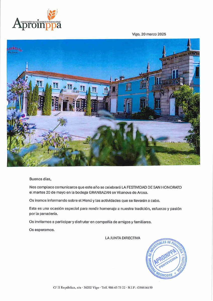 Os informamos que este año La Festividad de San Honorato se celebrará el día 20 de mayo en la Bodega GRANBAZÁN en Vilanova de Arousa.
Os iremos informando del menú y actividades que se llevarán a cabo.
Os invitamos a participar y disfrutar en compañía de amigos y familiares.
