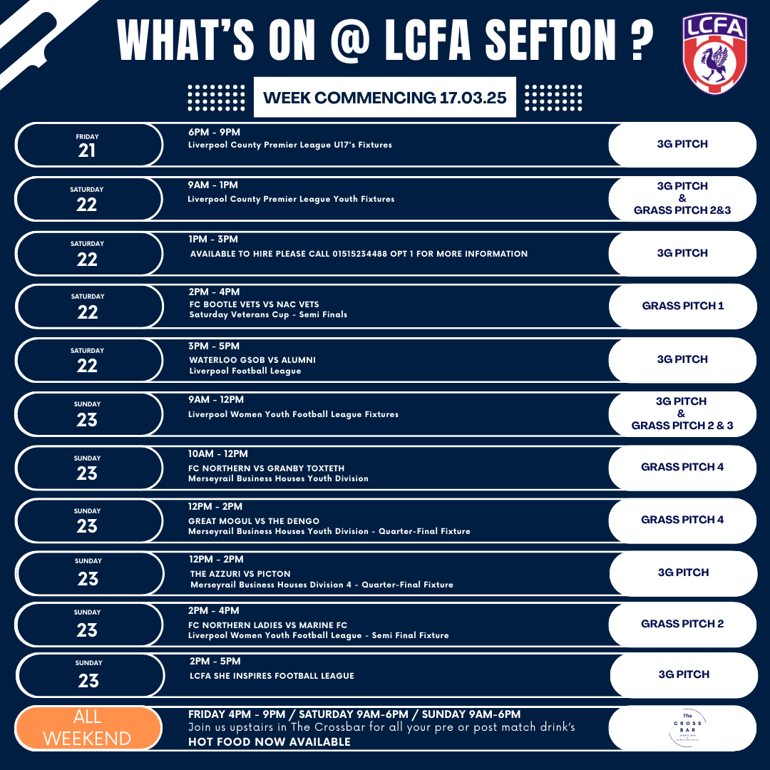 Live @ LCFA Sefton! ⚡️
🏆 Join us this weekend for some grassroots action⚽️Enjoy the game with a hot or cold drink☕️and some hot food &amp; snacks 🍫 all available from @thecrossbar_sefton 
See you there! 💥