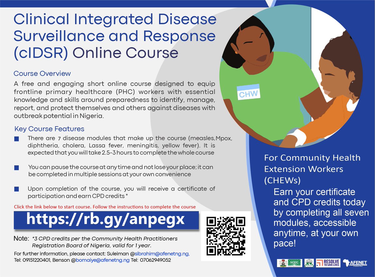 ARE YOU A COMMUNITY HEALTH EXTENSION WORKER? The refreshed clinical IDSR online course is here. Register and complete the course @ rb.gy/anpegx to earn CPD credits. Implemented by <a href="/AfenetNigeria/">AFENET Nigeria</a> with support from <a href="/ResolveTSL/">Resolve to Save Lives</a> in collaboration with <a href="/NCDCgov/">NCDC</a> and <a href="/NphcdaNG/">NPHCDA</a>
