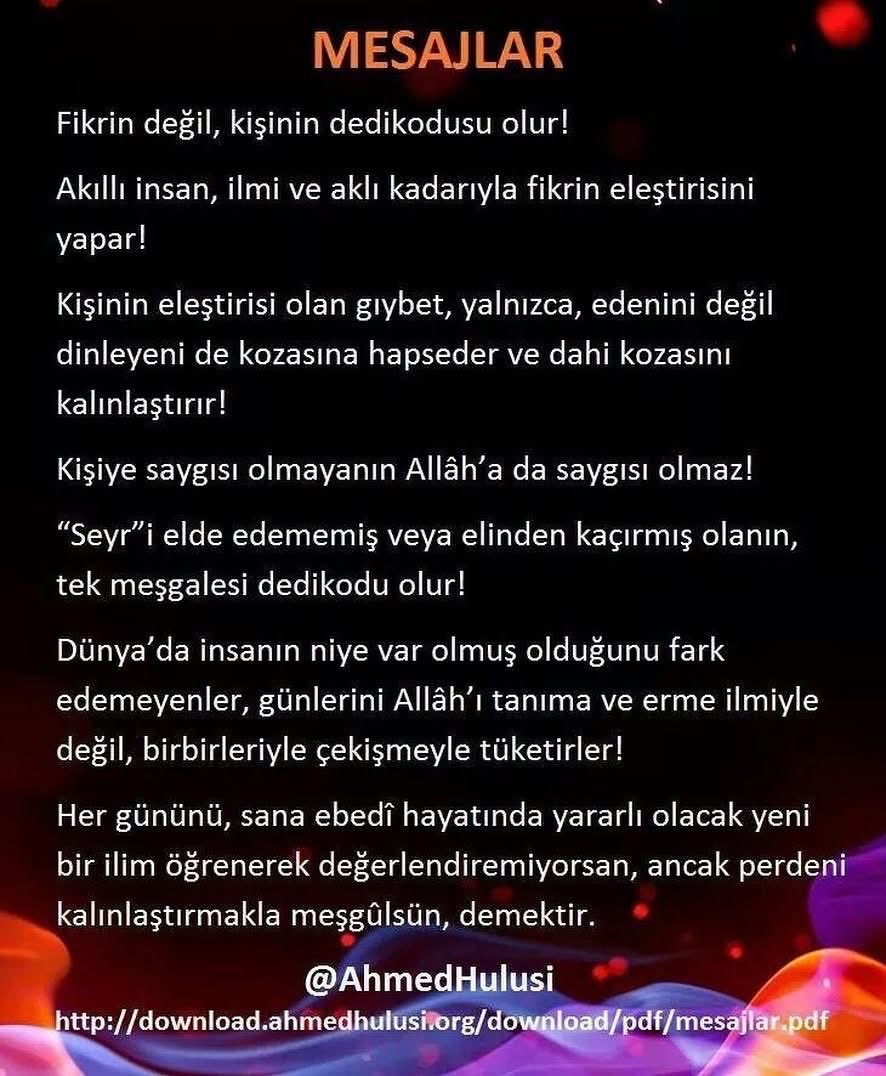 figendulgar's tweet photo. ⁦@AhmedHulusi⁩ ; Kişiye saygısı olmayanın Allâh’a da saygısı olmaz ❗️
“Seyr” i elde edememiş veya elinden kaçırmış olanın, tek meşgalesi dedikodu olur❗️ https://t.co/YDGIgdSuoI