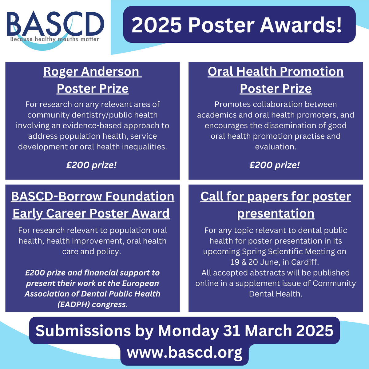 Don't miss out!  🏆 
Submit to BASCD awards by 31 March for your chance to present at our Summer Meeting &amp; have your work published in Community Dental Health (and cash prizes😉)!  
postly.click/BXN/