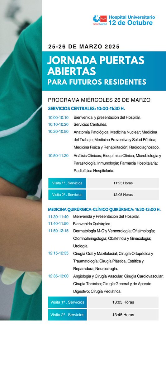 🏥 JORNADA DE PUERTAS ABIERTAS PARA FUTUROS RESIDENTES #Hospital12deOctubre: martes 25 y miércoles 26 de marzo. 

🔝 Inscríbete y visitarás el Nuevo Hospital, una infraestructura vanguardista en la que podrás formarte si nos eliges. 

+ info: comunidad.madrid/hospital/12oct…

#somosdel12