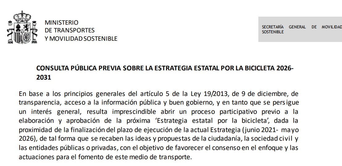 El Ministerio <a href="/transportesgob/">Ministerio Transportes y Movilidad Sostenible</a> ha lanzado la consulta pública previa sobre la nueva #EstrategiaEstatalBicicleta 2026-2031. 

¡Hasta el 7 de abril puedes participar activamente en la definición de las políticas para aumentar el uso de la #biciES!

#redbici

transportes.gob.es/el-ministerio/…