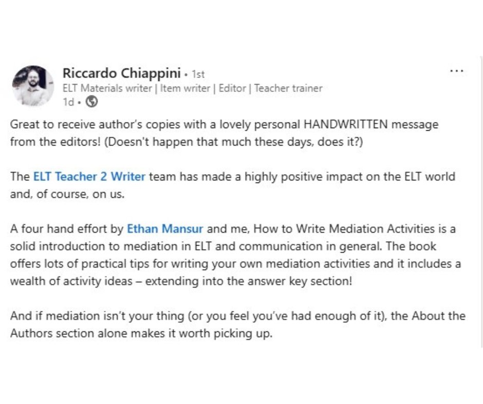 Never underestimate the power of a handwritten note! 🖊
eltteacher2writer.co.uk/our-books/how-… #ELT #mediation
