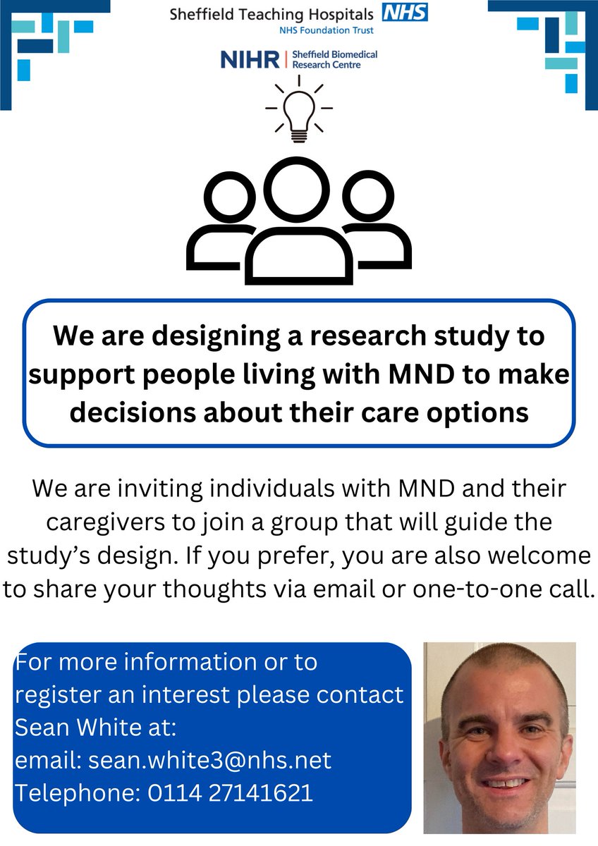My Name'5 Doddie Foundation (@mndoddie5) on Twitter photo People with lived experience of MND are being invited to join a study to help better understand how to support people with MND to make decisions about their care,and what support people need
For more info or to express interest in involvement, please contact: sean.white3@nhs.net People with lived experience of MND are being invited to join a study to help better understand how to support people with MND to make decisions about their care,and what support people need
For more info or to express interest in involvement, please contact: sean.white3@nhs.net