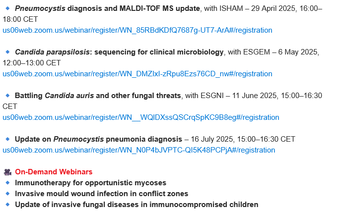 ⏳ Coming up on Tuesday, March 25th, 16:30–17:30 CET!

🔹 Antifungal prophylaxis in…

1️⃣ Haematological malignancies
2️⃣ Solid organ transplantation

🔗 Don’t miss out: us06web.zoom.us/webinar/regist…

📢 Catch up on past #EFISG webinars and register for upcoming ones!