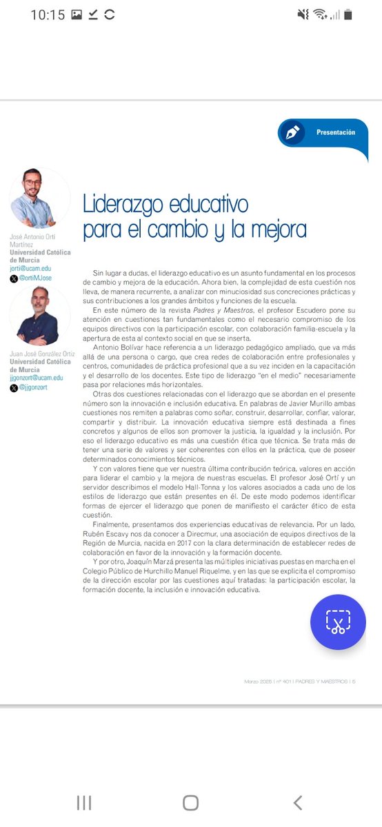Juan Jose Gonzalez (@jjgonzort) on Twitter photo Un privilegio coordinar con @ortiMjose el monográfico de <a href="/PadresMaestros/">Revista Padres y Maestros</a> sobre
Liderazgo educativo
revistas.comillas.edu/index.php/padr…
3 catedráticos: Juan M. Escudero, Antonio Bolivar y <a href="/FJavier_Murillo/">F. Javier Murillo</a>
Experiencias educativas <a href="/direcmur/">DIRECMUR</a> y CEIP de Hurchillo
<a href="/UCOMILLAS/">Universidad Pontificia Comillas</a> <a href="/UCAM_Investiga/">Vicerrectorado de Investigación UCAM</a> Un privilegio coordinar con @ortiMjose el monográfico de <a href="/PadresMaestros/">Revista Padres y Maestros</a> sobre
Liderazgo educativo
revistas.comillas.edu/index.php/padr…
3 catedráticos: Juan M. Escudero, Antonio Bolivar y <a href="/FJavier_Murillo/">F. Javier Murillo</a>
Experiencias educativas <a href="/direcmur/">DIRECMUR</a> y CEIP de Hurchillo
<a href="/UCOMILLAS/">Universidad Pontificia Comillas</a> <a href="/UCAM_Investiga/">Vicerrectorado de Investigación UCAM</a>