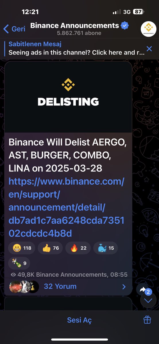 4 Mart'ta uyarmıştım. #Binance 28 Mart'ta $AST $AERGO $BURGER $COMBO ve $LINA yı delist edeceğini açıkladı. İnşallah uyarımın faydası olmuştur. 
#BTC #ETH #CAKE
