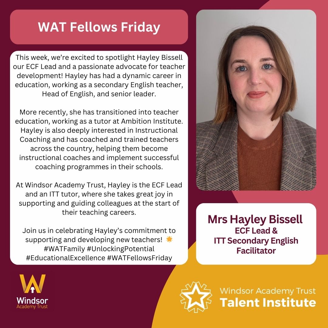 This week, we’re excited to spotlight Hayley Bissell – our ECF Lead and a passionate advocate for teacher development! 
Join us in celebrating Hayley’s commitment to supporting and developing new teachers!  🌟
#WATFamily #UnlockingPotential #EducationalExcellence