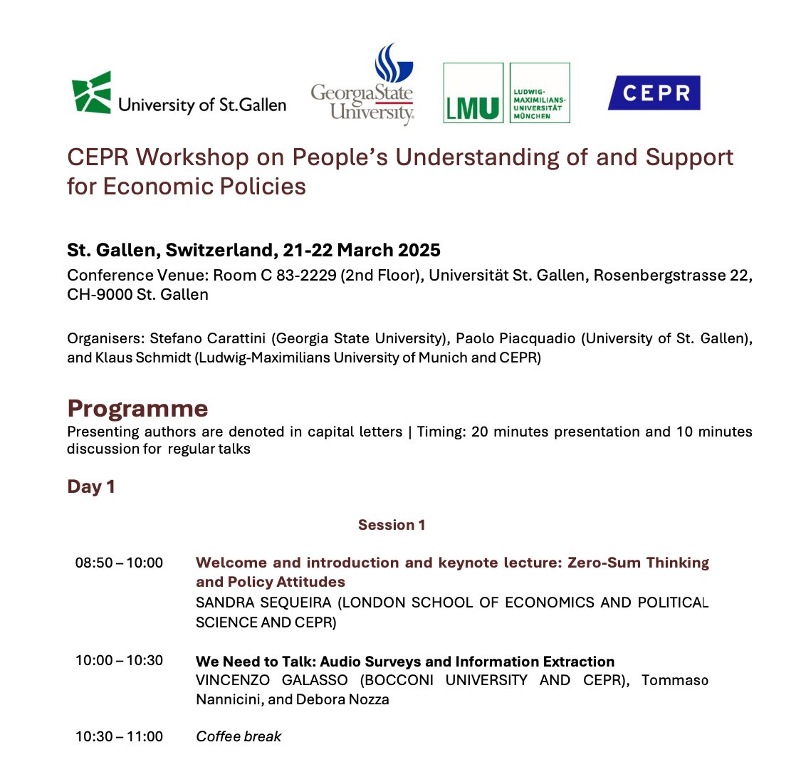 Happy to attend the <a href="/cepr_org/">CEPR</a> Workshop on People’s Understanding of and Support for Economic Policies workshop at <a href="/HSGStGallen/">Universität St.Gallen (HSG)</a>. I ll share some thoughts on this carefully curated workshop in this thread.