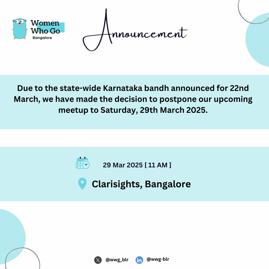 wwg_blr's tweet image. Due to Karnataka bandh on 22nd March, our meetup is now rescheduled:
🗓️New Date: Saturday, 29th March 2025
📍 New Venue: Clarisights Bangalore
All other details remain the same.
Note: This remains a women-only event.