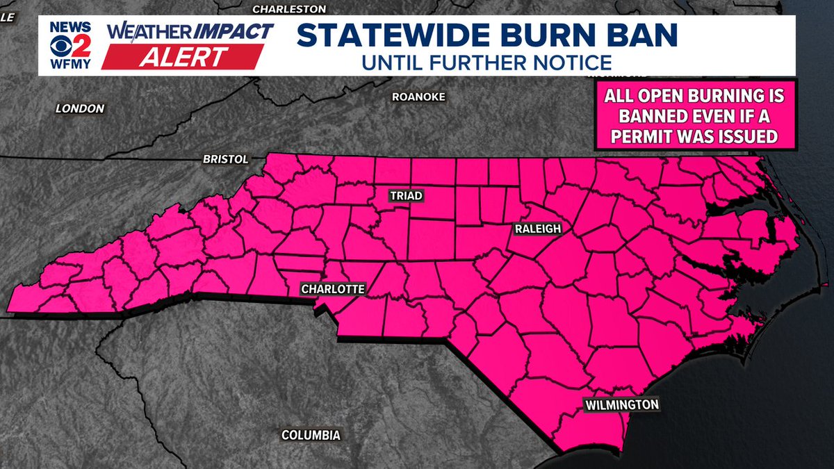 A burn ban goes into effect this morning for the entire state of North Carolina.
Gusty winds &amp; low humidity will bring a high risk for any fires to spread quickly.

Any burning permits have been canceled, too.