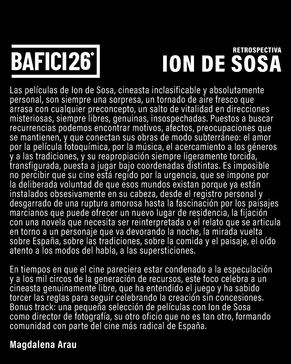 😍 BAFICI nos ha dado la mejor excusa para celebrar: el festival dedicará una retrospectiva a nuestro amado ION DE SOSA 🎉

🖤 Ion es parte fundamental de Apellaniz y de Sosa, y verlo reconocido de esta manera nos llena de orgullo (y emoción, y alegría, y de mil cosas más) ✨