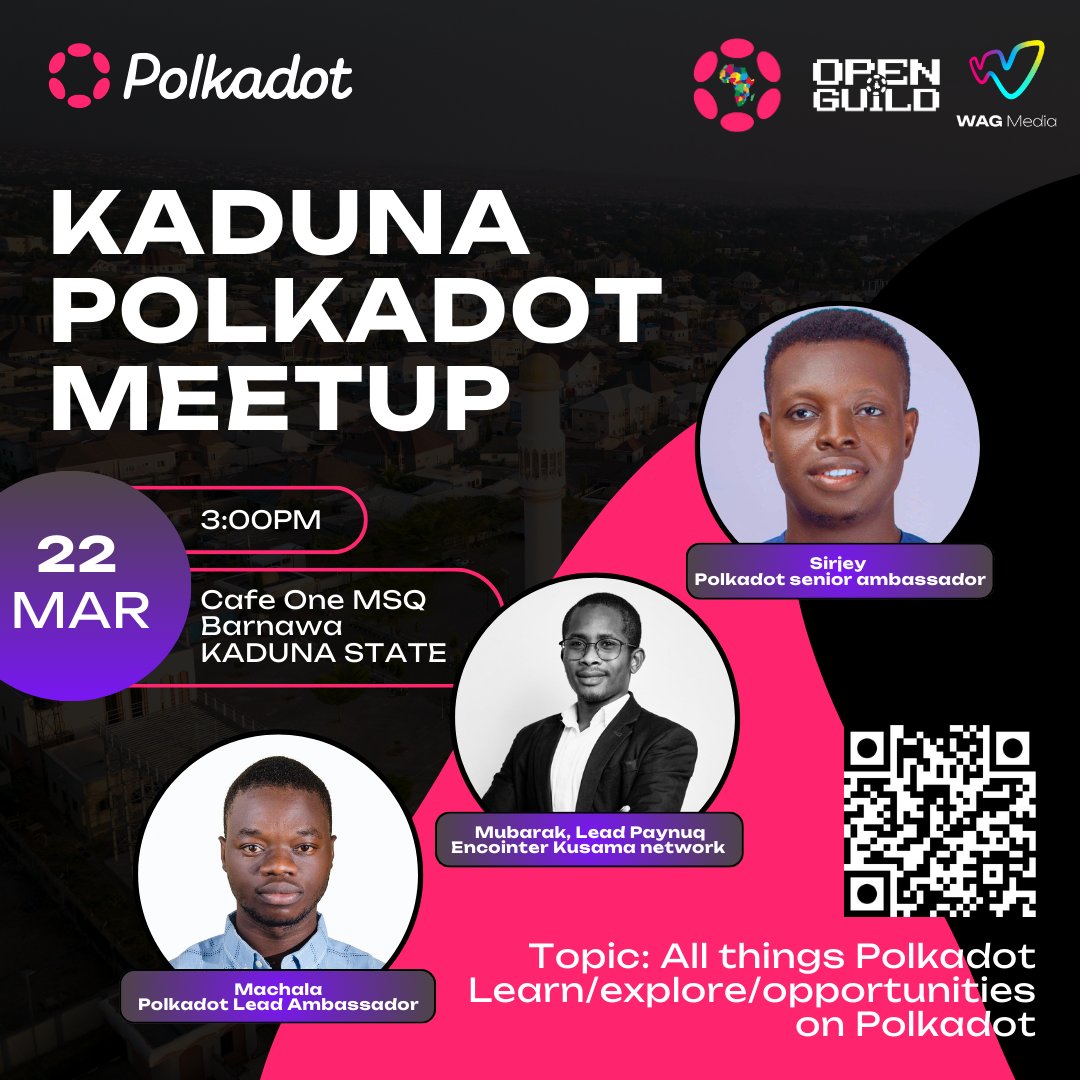 Polkadot Africa (@polkadotafrica) on Twitter photo Kaduna, you're up next! 🇳🇬
Join us for an exciting Polkadot Meetup hosted by <a href="/Sirjey01/">Sirjey 🐂 ⭕️</a> & <a href="/TheJoshuason/">Machala</a>! 🎉
This session will dive into all things Polkadot, helping you learn, explore, and discover opportunities in the Polkadot ecosystem.
🎙 Guest Speaker: <a href="/MubarakMAS_/">Mubarak Aminu</a>, Lead at Kaduna, you're up next! 🇳🇬
Join us for an exciting Polkadot Meetup hosted by <a href="/Sirjey01/">Sirjey 🐂 ⭕️</a> & <a href="/TheJoshuason/">Machala</a>! 🎉
This session will dive into all things Polkadot, helping you learn, explore, and discover opportunities in the Polkadot ecosystem.
🎙 Guest Speaker: <a href="/MubarakMAS_/">Mubarak Aminu</a>, Lead at