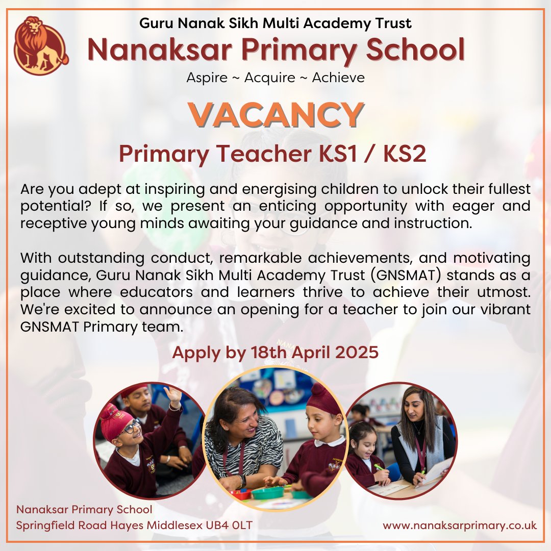 NanaksarP's tweet photo. We're Hiring! 🌟
Nanaksar Primary School is looking for a passionate Primary Teacher (KS1/KS2) to join our team! 

✅ Supportive school environment
✅ Professional growth opportunities
✅ Competitive salary &amp; benefits

📅 Apply now: https://t.co/yrWVUSdMcc
#TeachingJobs #Hiring https://t.co/MGf6OwUbj1