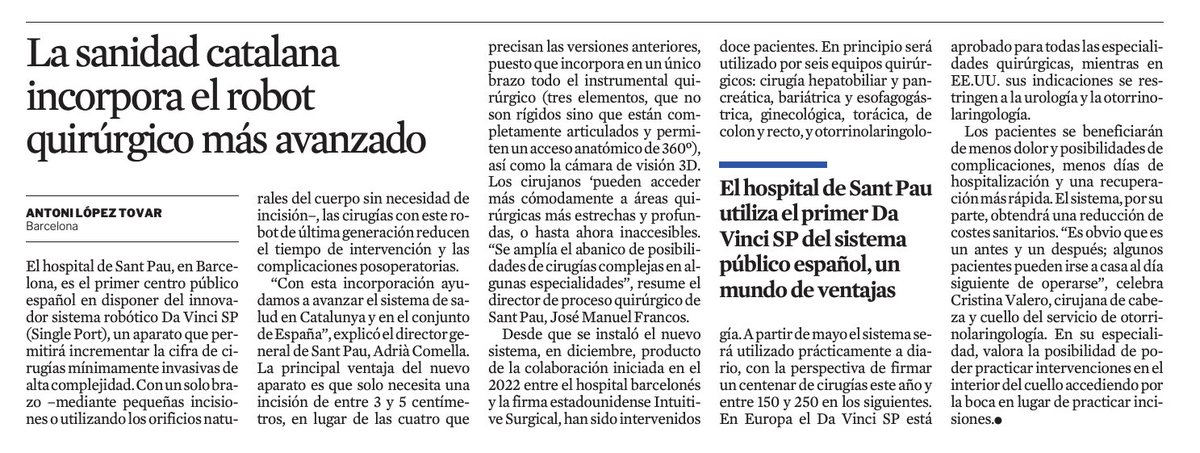 📰Catalan healthcare incorporates the most advanced robotic surgical system

The Hospital de Sant Pau becomes the first public centre in Spain to incorporate the Da Vinci SP (Single Port), a state-of-the-art surgical robot that allows minimally invasive surgery.