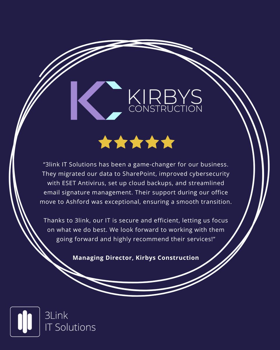 ⭐⭐⭐⭐⭐A big thank you to Kirbys Construction, for this fantastic review! Curious about how we’ve helped elevate their IT infrastructure? Read more on our blog: 3link.co.uk/blog/3linkitso…
#HappyClients #ITTransformation #CustomerTestimonials #ITSupport #CanterburyBusiness #KentIT