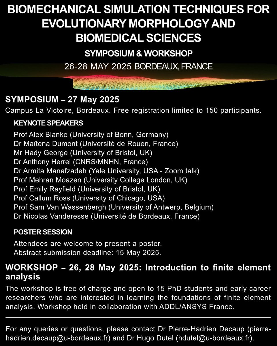 Interested in how biomechanics can be used to study evolution? Check out this upcoming symposium and workshop in Bordeaux 🦴🦾

Features talks from leading experts in biomechanics and a 2 day workshop on FEA!

Attendees can also present posters on their work🩻🍖

Link below👇